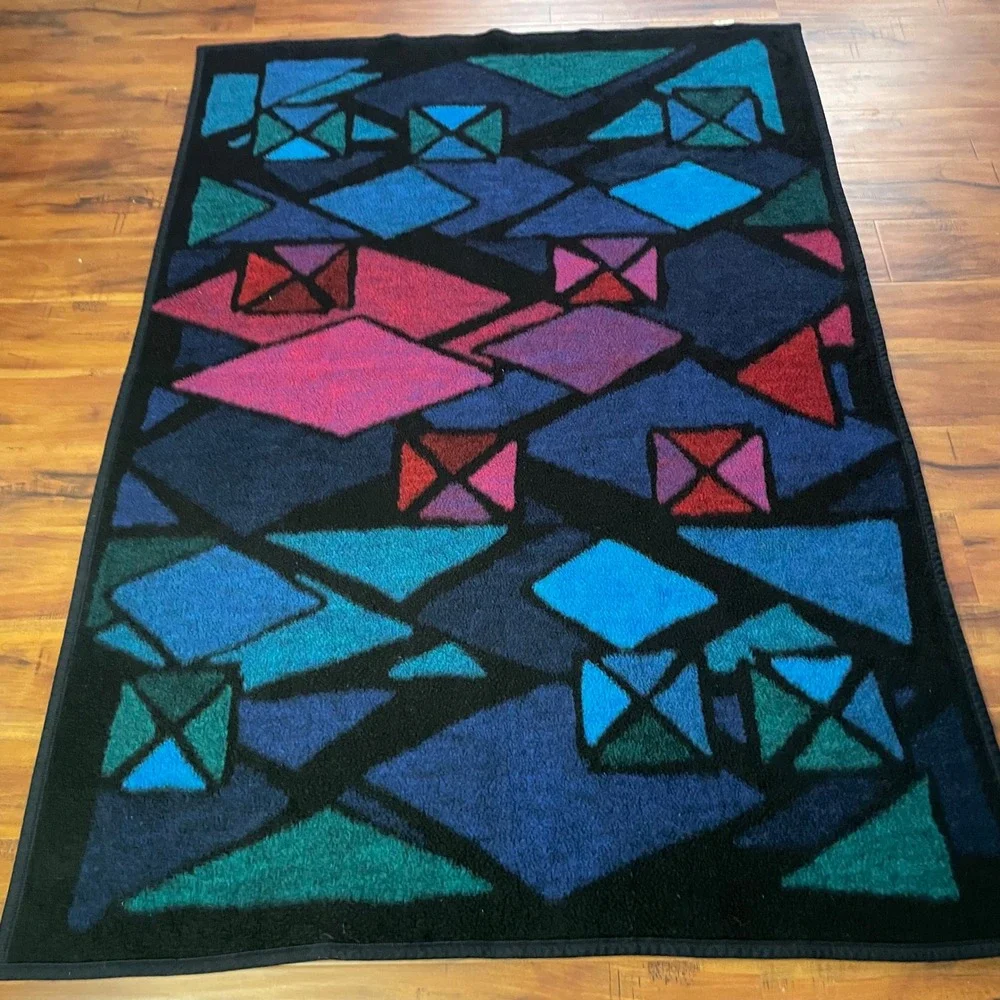 Vintage Biederlack MCM Geometric Throw Blanket Blue Pink Green Abstract 80s 90s
